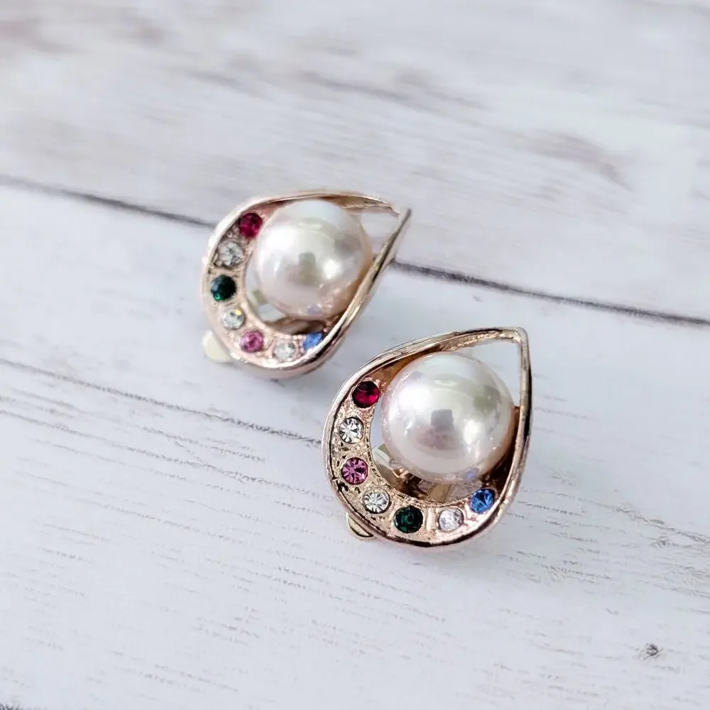 Vintage Clip On Earrings Unusual Faux Pearl & Multi Colored Gems Statement